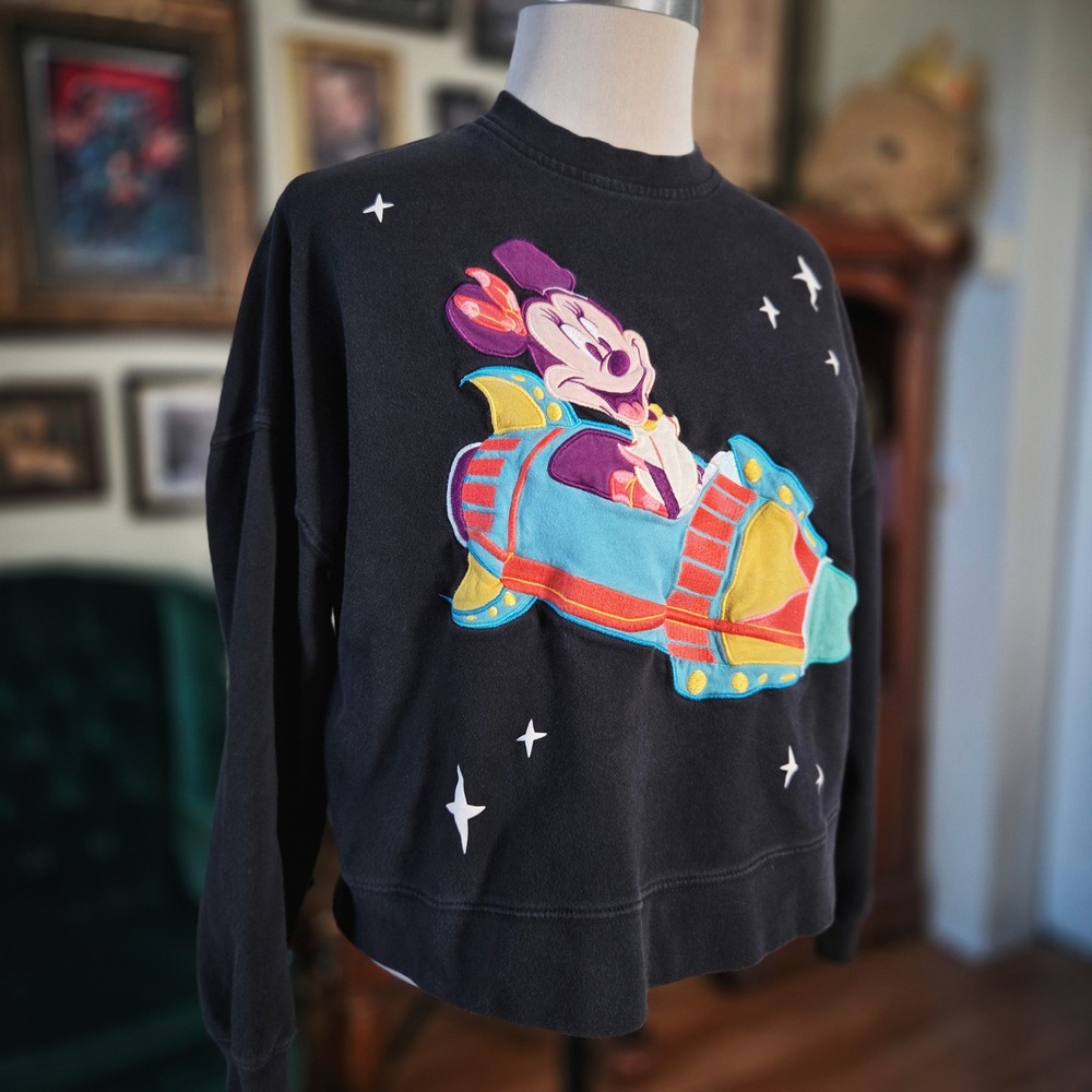 Disney Sweatshirt Minnie Mouse Rocket Disneyland Resort Black Pullover XS Crop